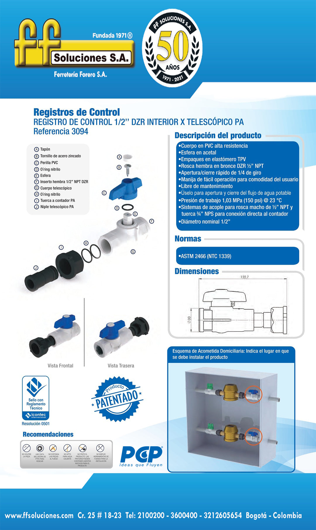 3094 Registro Control 1/2" inserto DZR X Telescópico