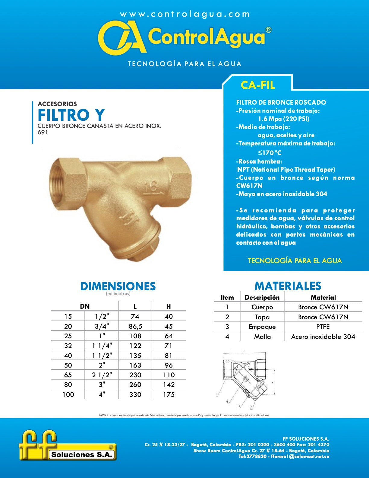 FILTRO EN Y CONTROLAGUA ROSCADO (1/2" A 2")